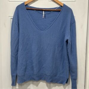 Free People 100% Cashmere Oversize Harmony V Neck Sweater, Blue, Medium, New